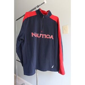 Nautica Men's Quarter Zip Pullover Sweatshirt Navy Blue Red Sporty Athletic Logo